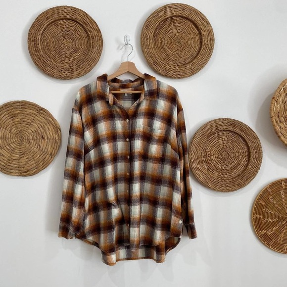 Madewell Tops - Madewell Maroon Orange Oversized Plaid Flannel Long Sleeve Shirt Plus Size 2X